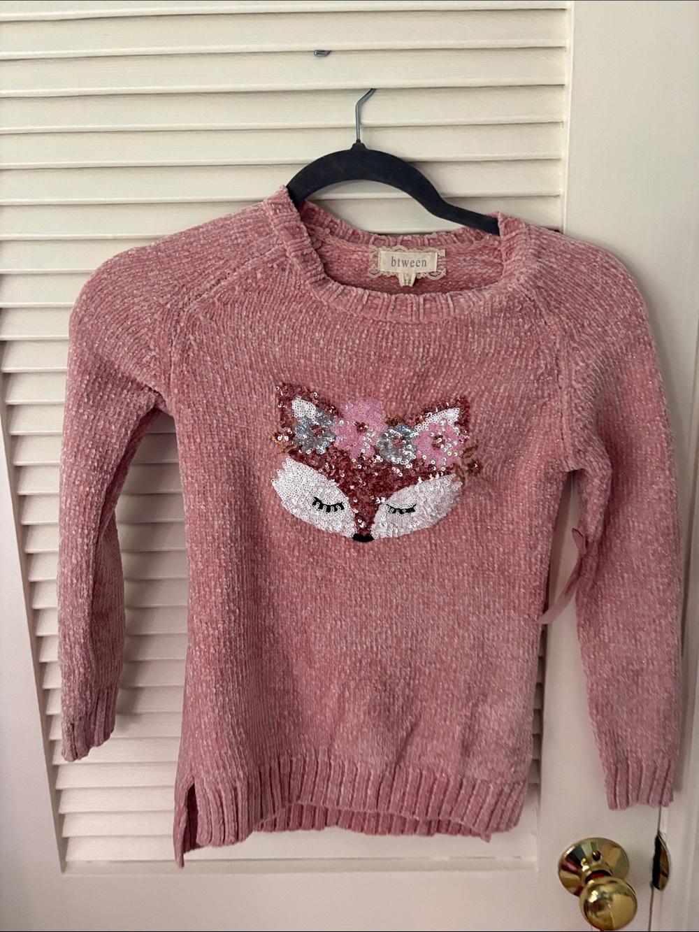 btween Pink Chenille Fox Sequin Crewneck Sweater kids
